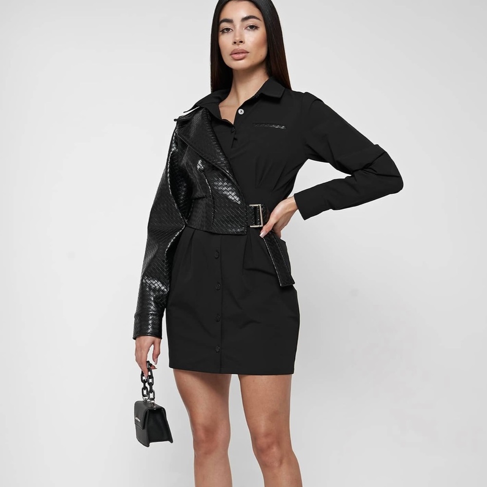 NWT Maniere De Voir black shirt dress with attached faux leather jacket.